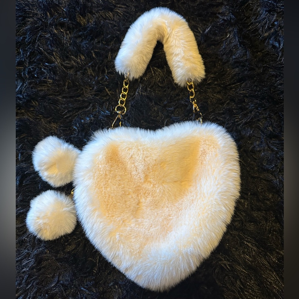 Faux Fur Heart-Shaped Handbag with 2 Pom Pom.
